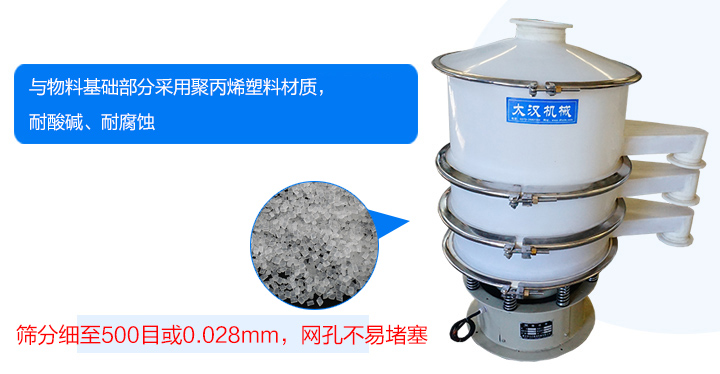 耐強(qiáng)酸、強(qiáng)堿腐蝕、物料不易變質(zhì)、不堵網(wǎng)、篩分效率高、使用壽命長