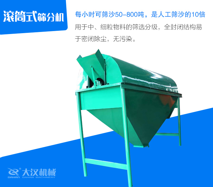 滾筒式篩分機(jī)用于中、細(xì)粒物料的篩選分級，全封閉結(jié)構(gòu)易 于密閉除塵，無污染。