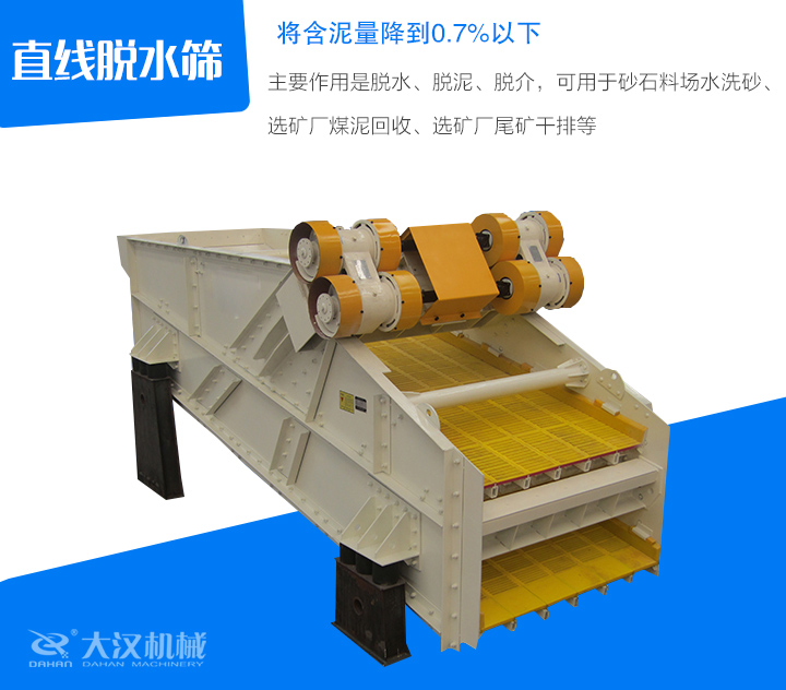 直線脫水篩主要作用是脫水、脫泥、脫介，可用于砂石料場水洗砂、 選礦廠煤泥回收、選礦廠尾礦干排等