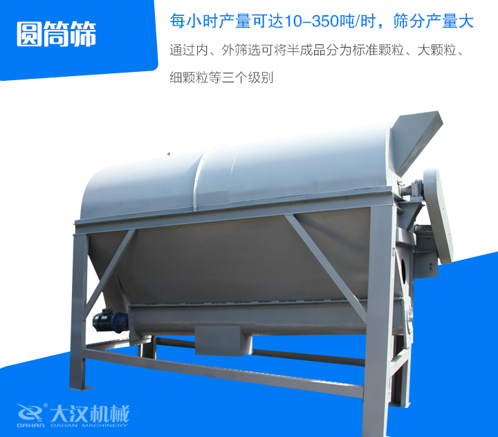圓筒篩通過內(nèi)、外篩選可將半成品分為標(biāo)準(zhǔn)顆粒、大顆粒、 細(xì)顆粒等三個(gè)級(jí)別